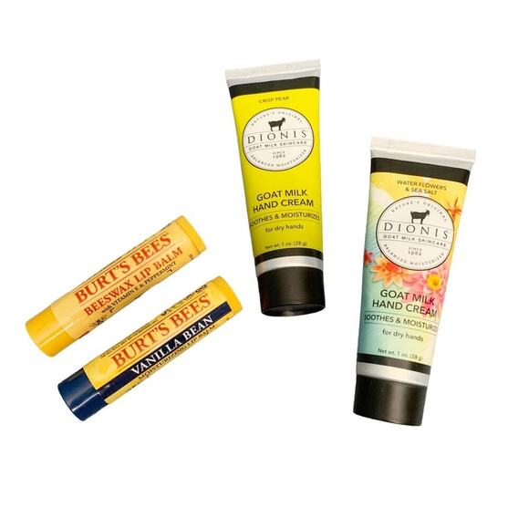 Lip Balm and Hand Cream Lot Burt’s Bees Dionis Goat Milk Hand Cream NEW 4 ITEMS - Picture 1 of 10